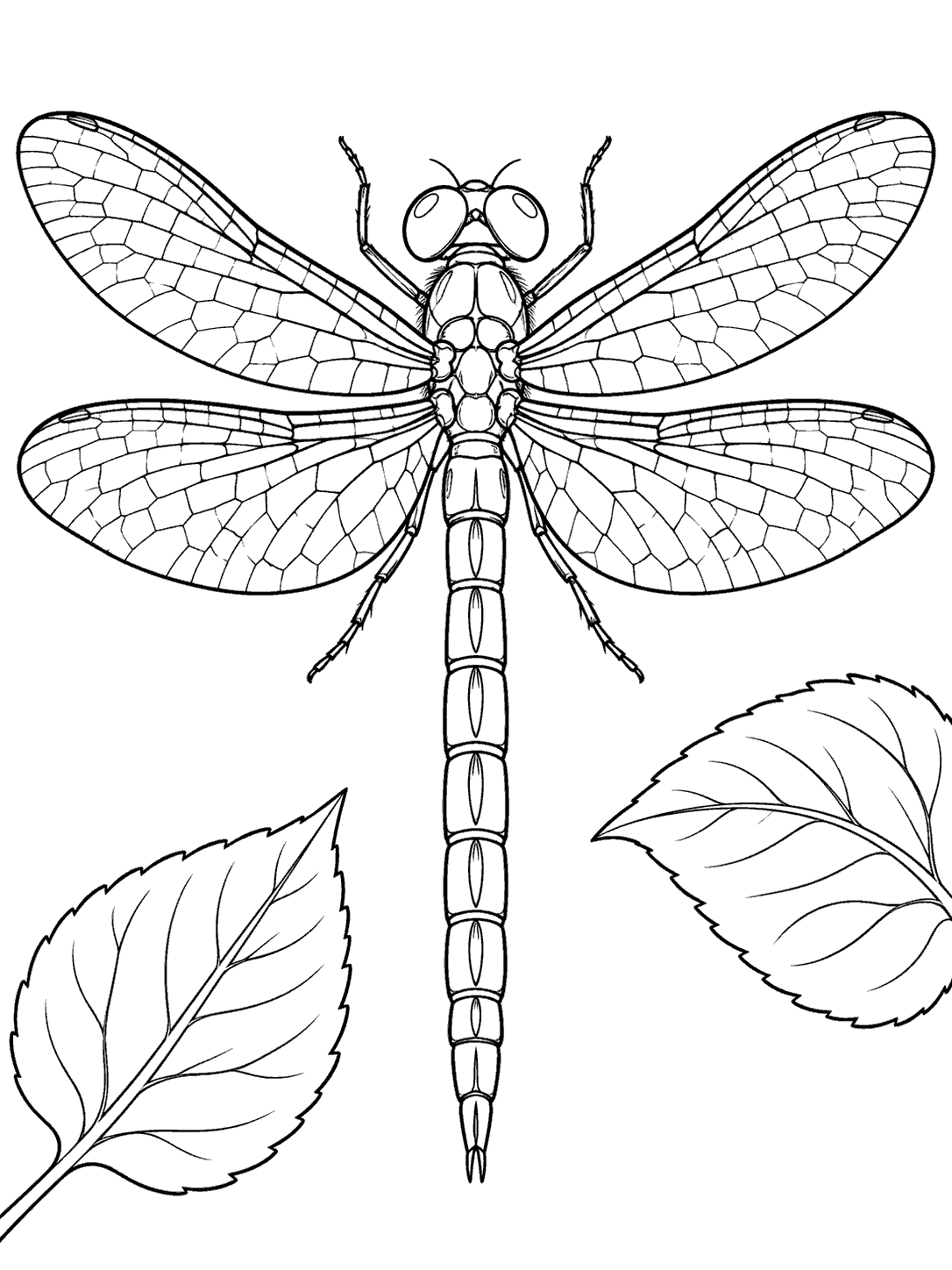 Top-down close-up of a dragonfly with four veined wings, a segmented abdomen, and two leaves.