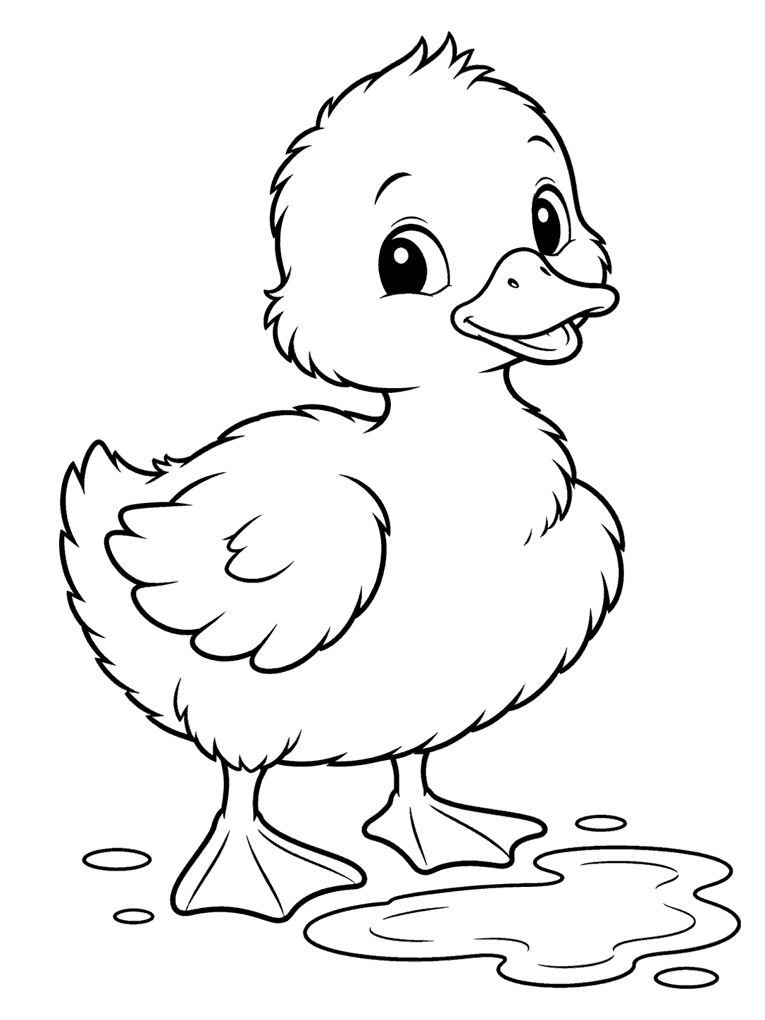 A fluffy duckling with webbed feet beside a puddle, drawn in bold black outlines on white.