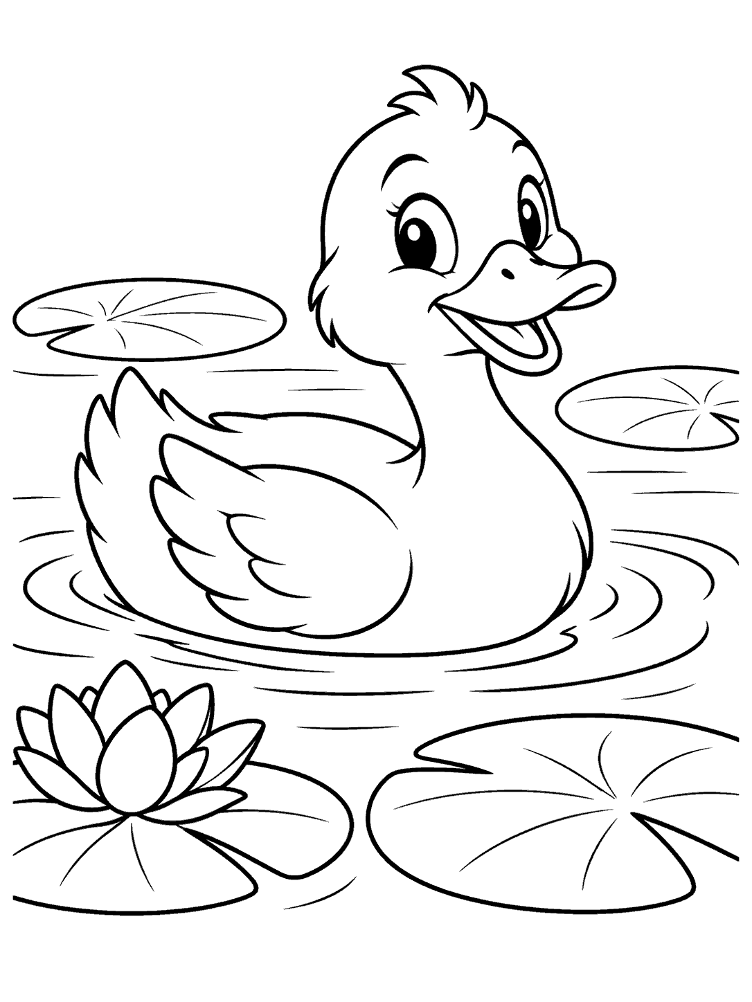 A friendly duck paddling among lily pads and water ripples on a coloring page
