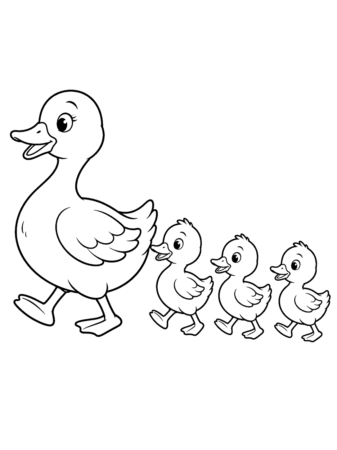 A mother duck leading three ducklings coloring page