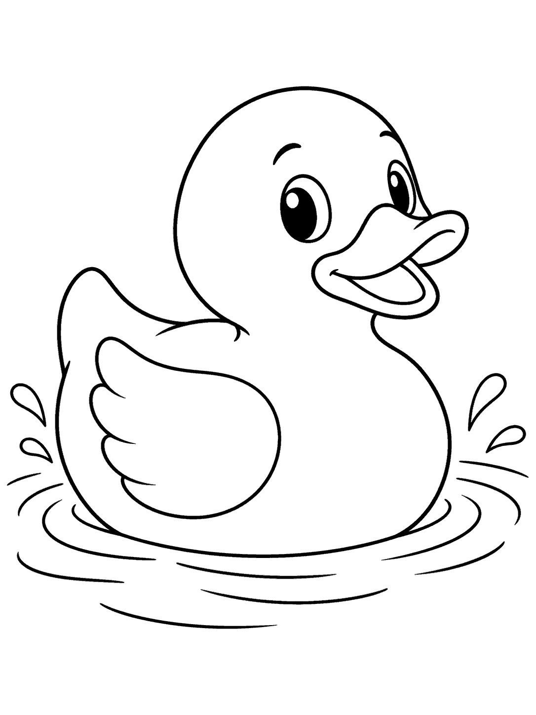 A friendly rubber duck floating among ripples and small splashes, in black-and-white coloring page line art.