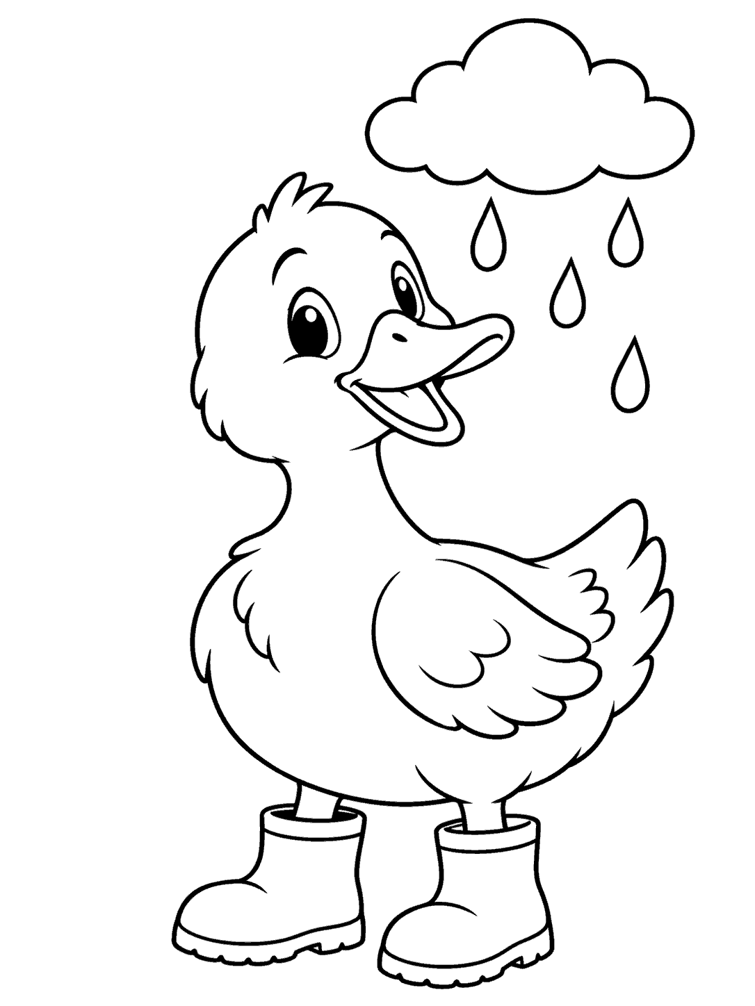 A cheerful standing duck in rain boots beneath a rain cloud and raindrops, drawn as a coloring page.