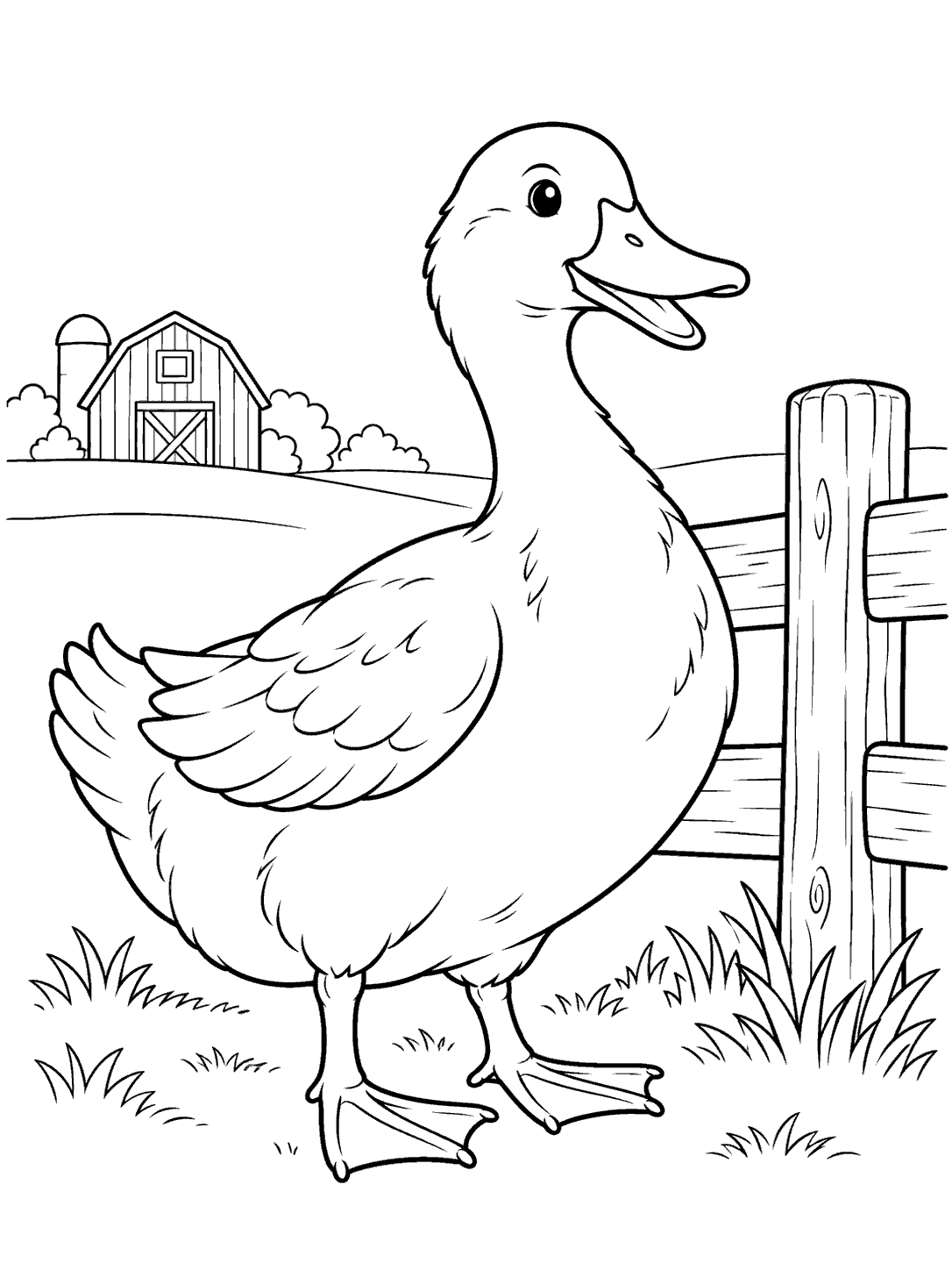 A farm duck beside a wooden fence coloring page