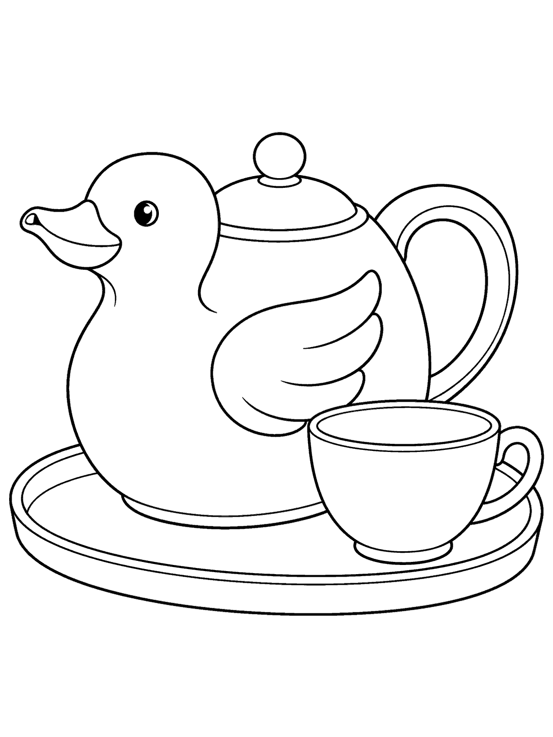 Black line art coloring page of a duck-shaped ceramic teapot beside a teacup on an oval tray.
