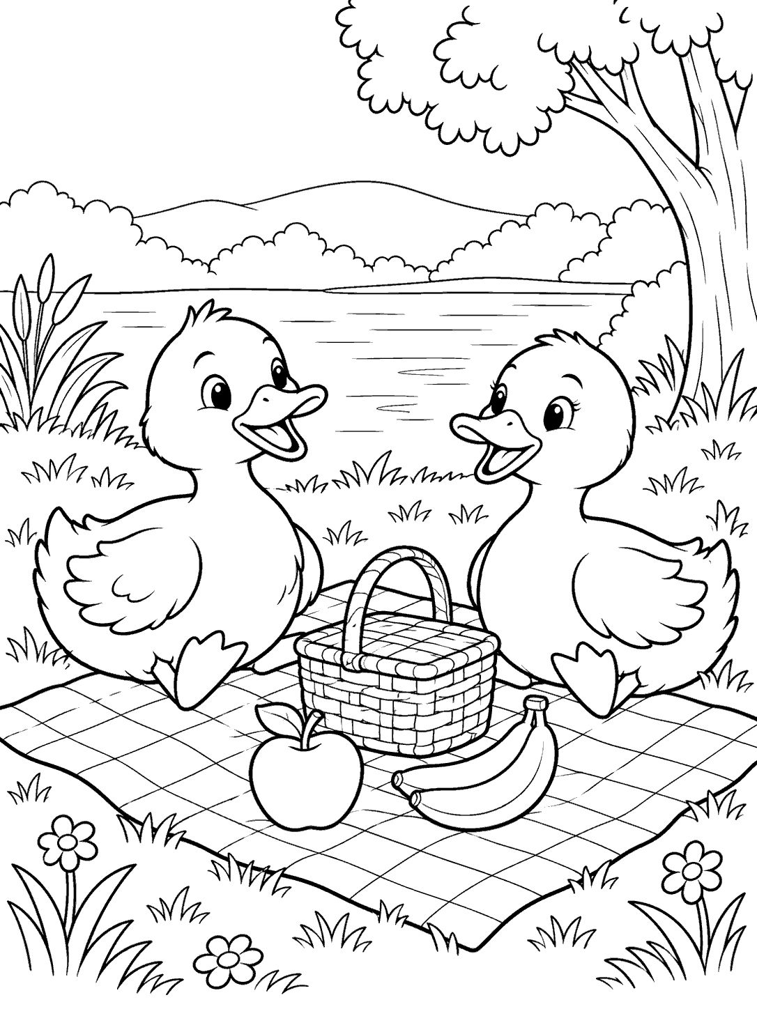 Two ducks sitting on a checkered picnic blanket beside a basket, an apple, and a banana in a lakeside scene coloring page