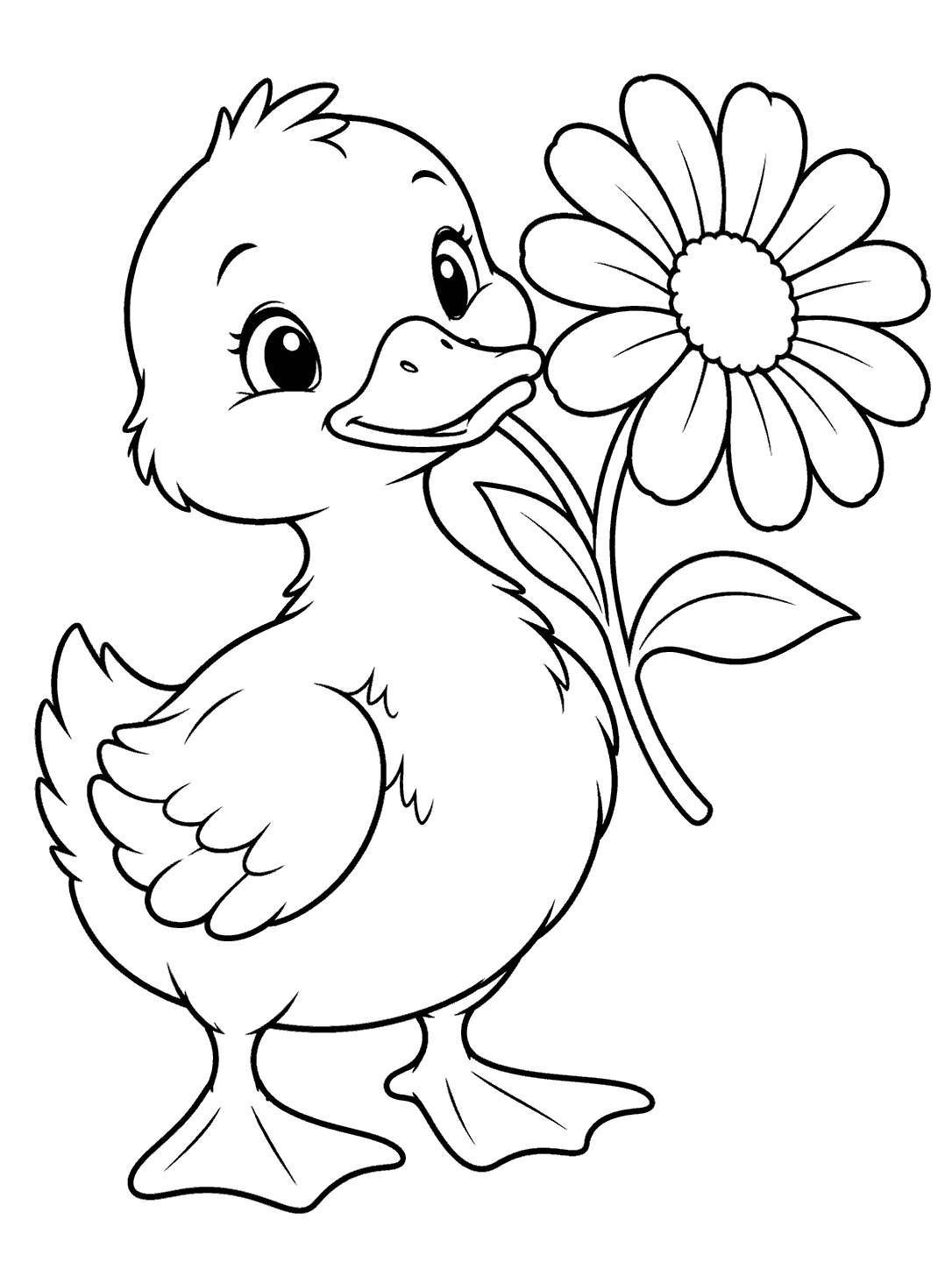 A little duck holding a large daisy coloring page