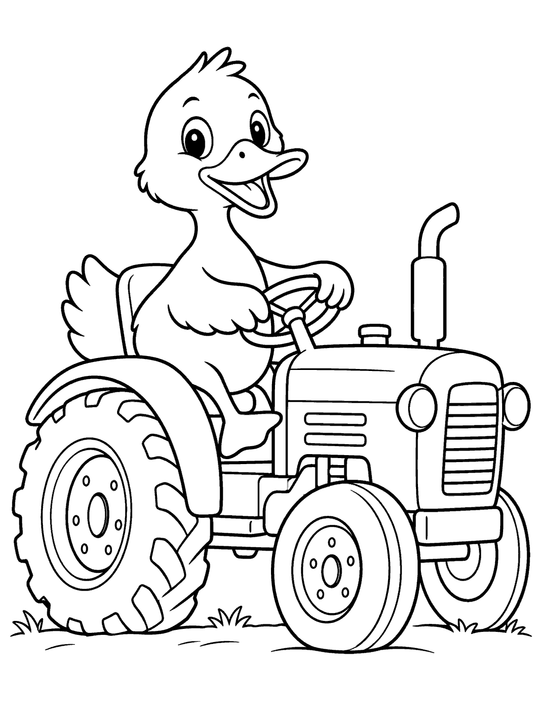 Black-and-white coloring page of a cheerful duck seated on a farm tractor with two large wheels and a ground line.