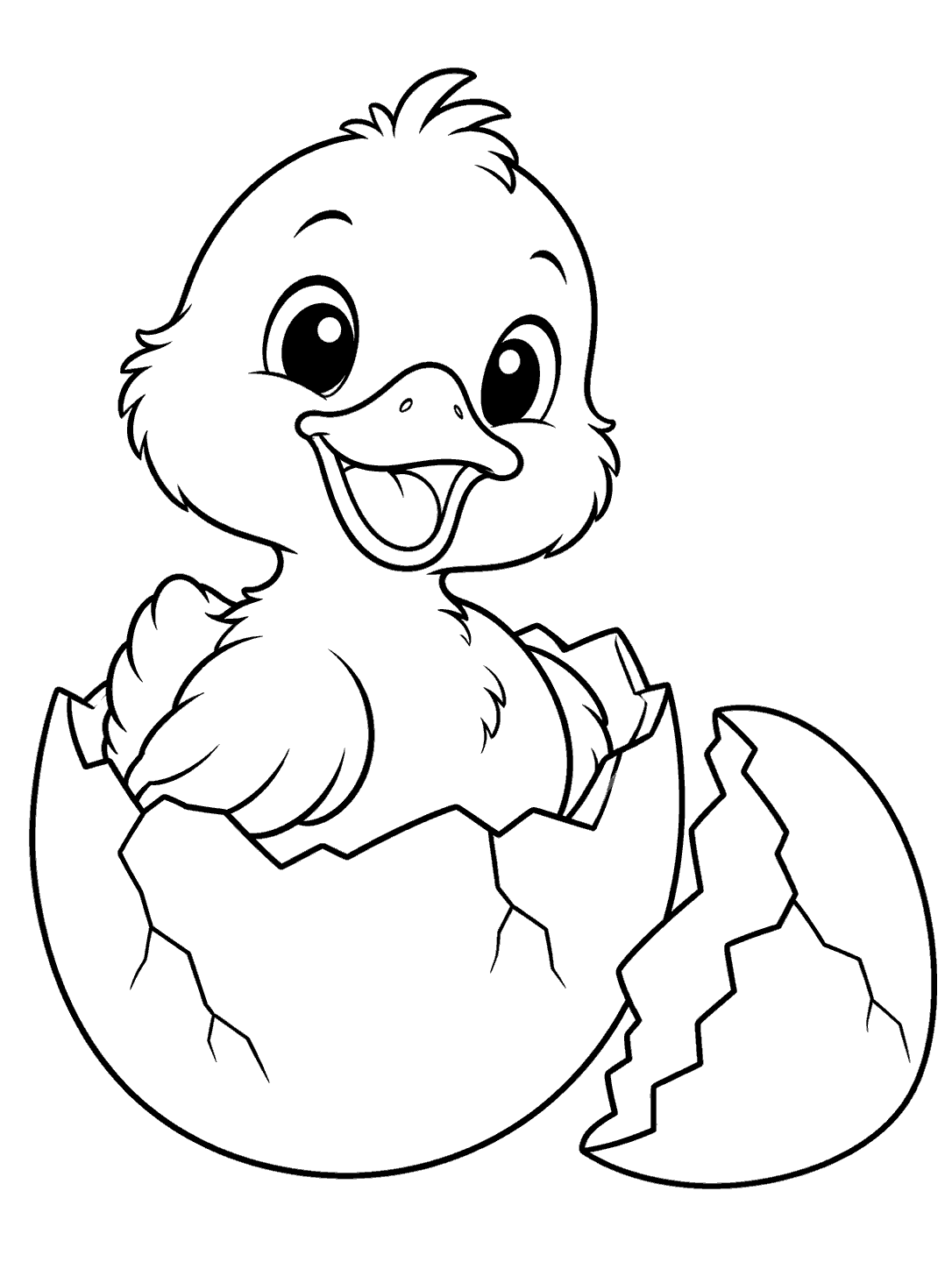 A happy tufted duckling sitting in a cracked eggshell beside the detached upper shell piece, in a black-and-white coloring page.