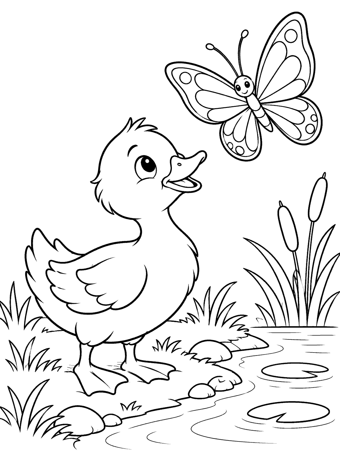 A curious duck watching a large butterfly from a grassy pond bank, in black line art with open spaces for coloring.
