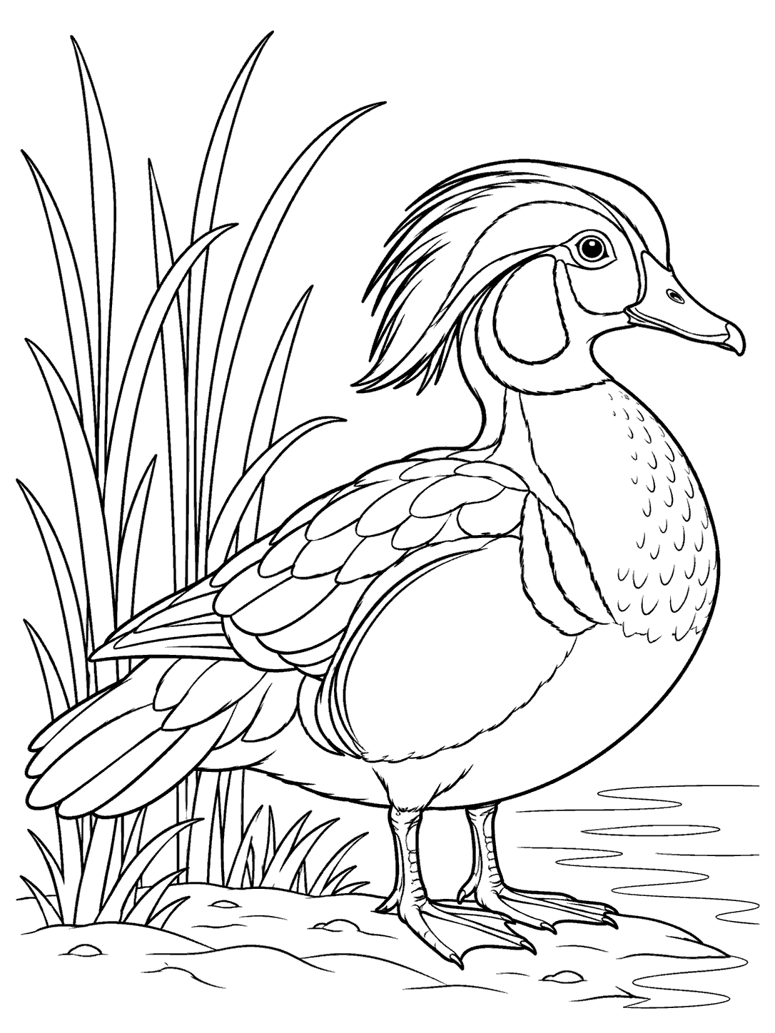 Black line art coloring page of a crested wood duck with clear feather sections standing beside tall reeds and water.