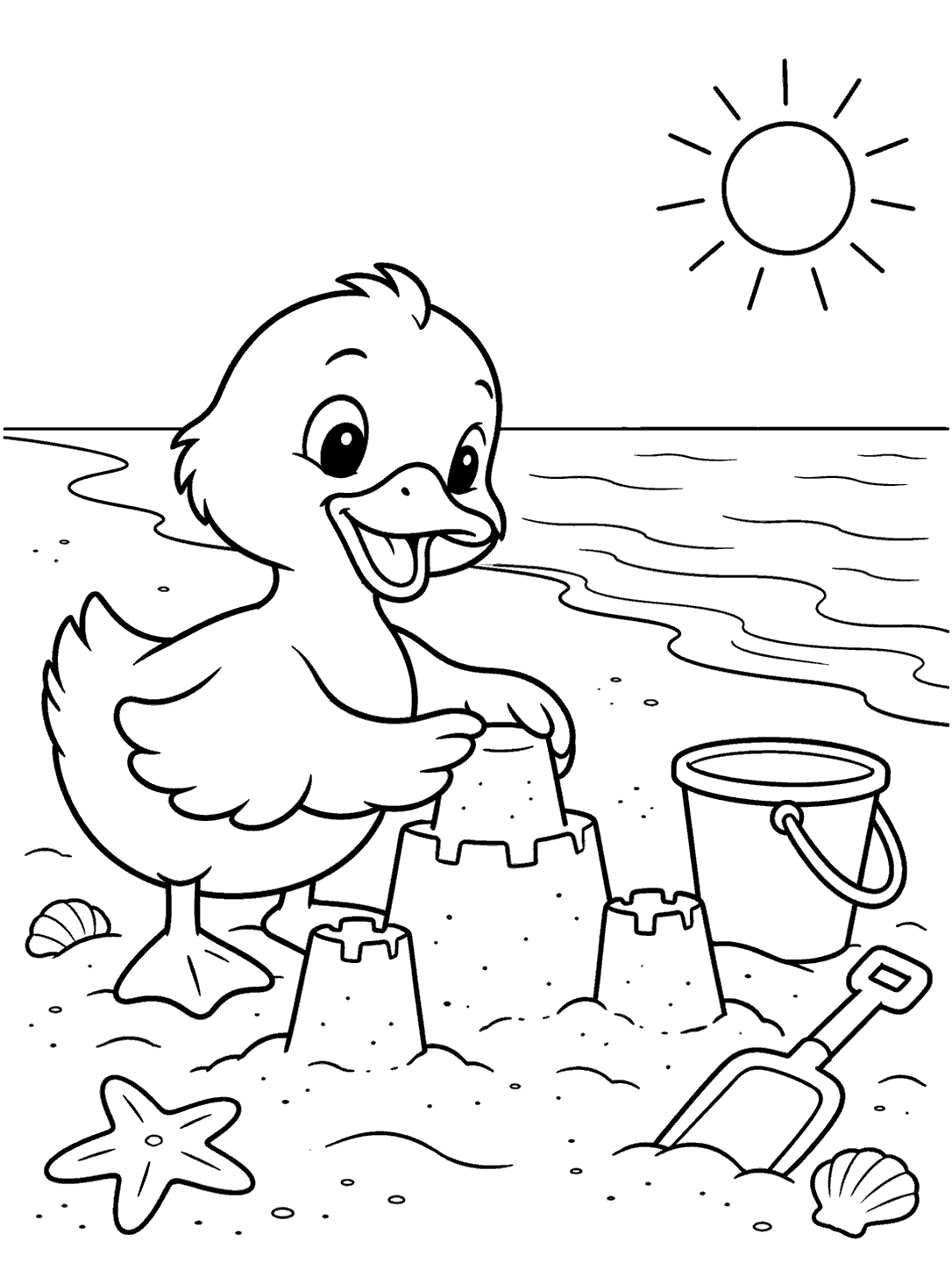 A duck shaping a sandcastle with a bucket and shovel on a beach coloring page