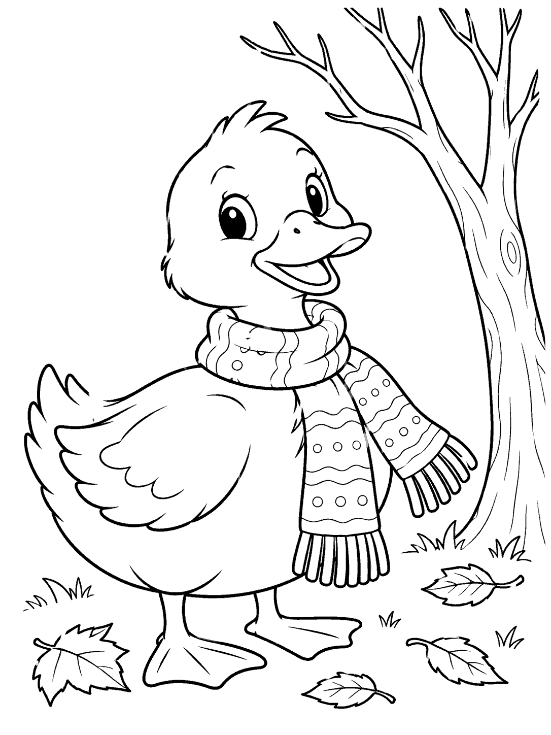 Black outline coloring page of a cheerful duck wearing a patterned scarf beside a bare tree and fallen leaves.