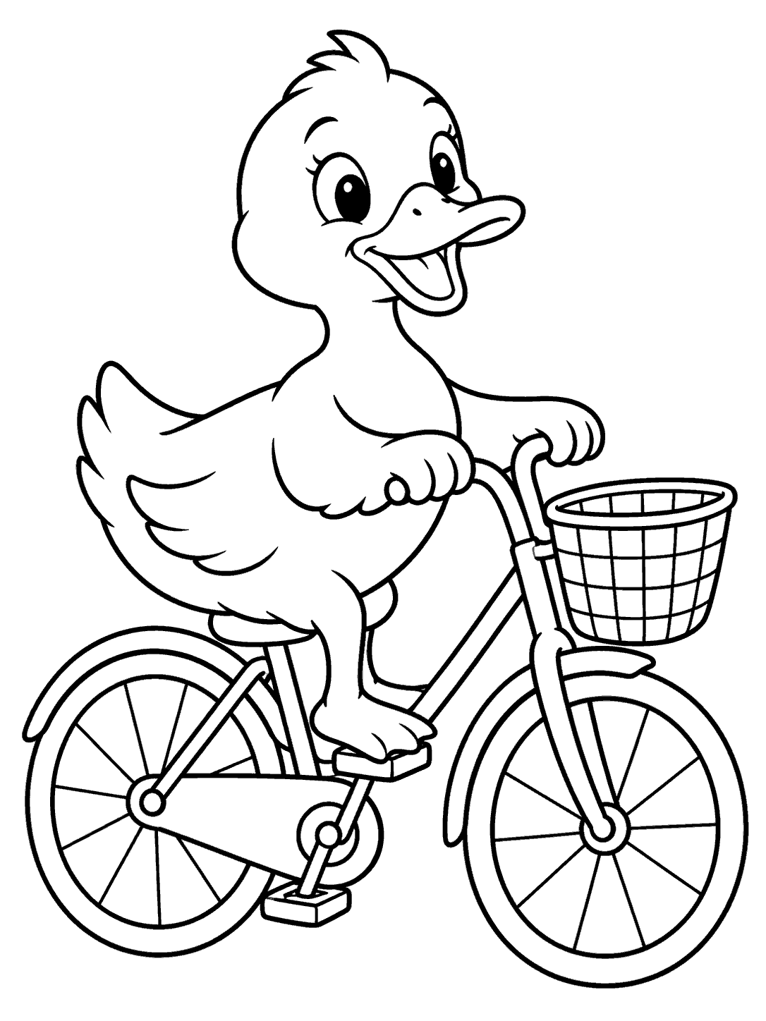Black outline coloring page of a smiling duck riding a bicycle with two circular wheels and a front basket.
