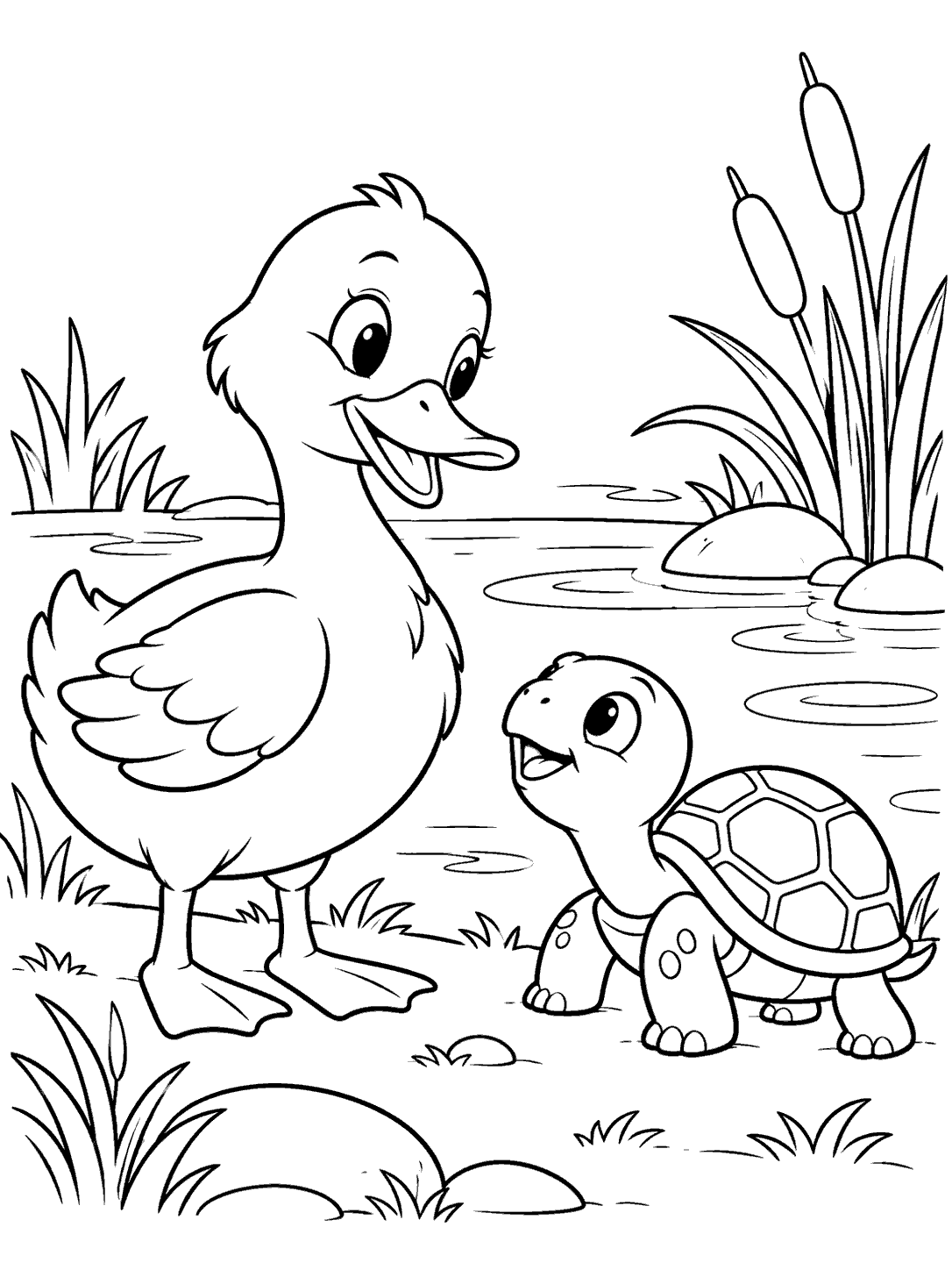 Black outline coloring page of a duck and small turtle meeting beside a pond with reeds and ripples.
