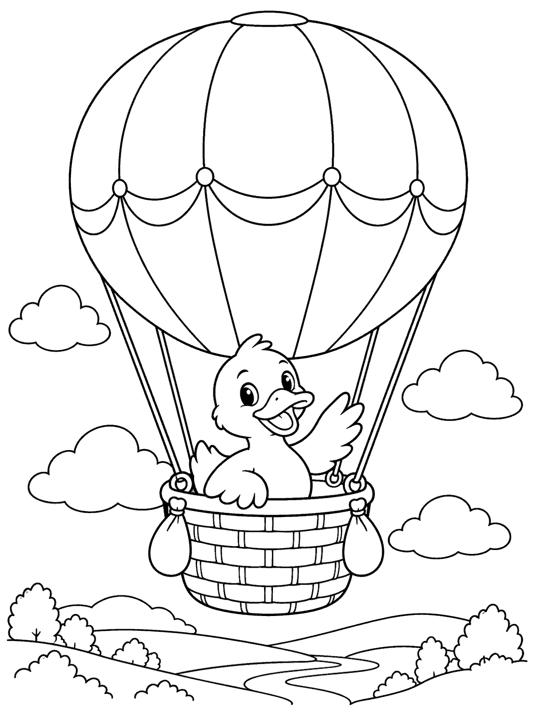 Black-and-white coloring page showing a waving duck in a hot air balloon basket among clouds above a winding landscape.