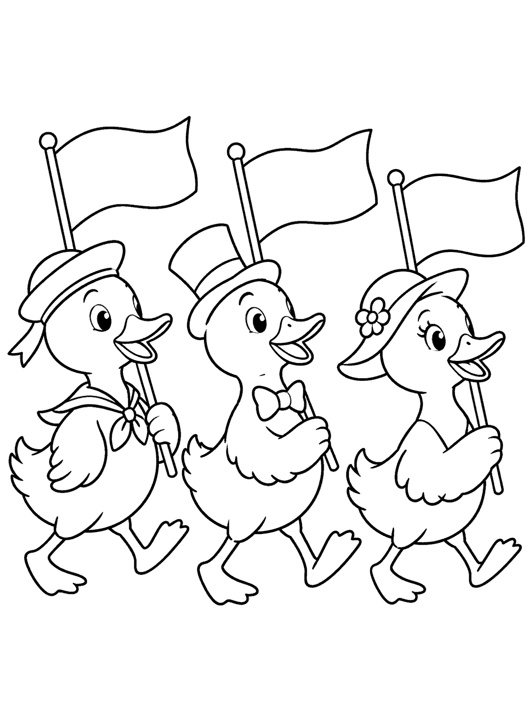 Three marching ducks wearing hats and a bow tie, each carrying a blank flag, in a black-and-white coloring page.