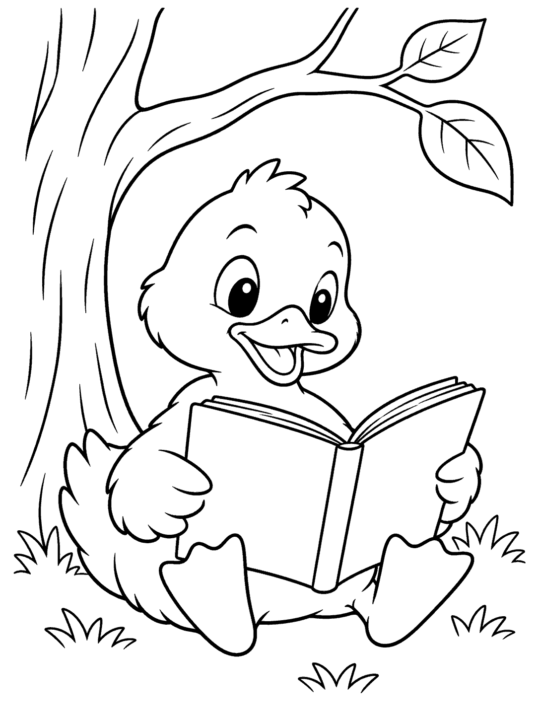 A seated duck reading a blank open book beneath a tree branch with two leaves, drawn in bold black outlines on white.