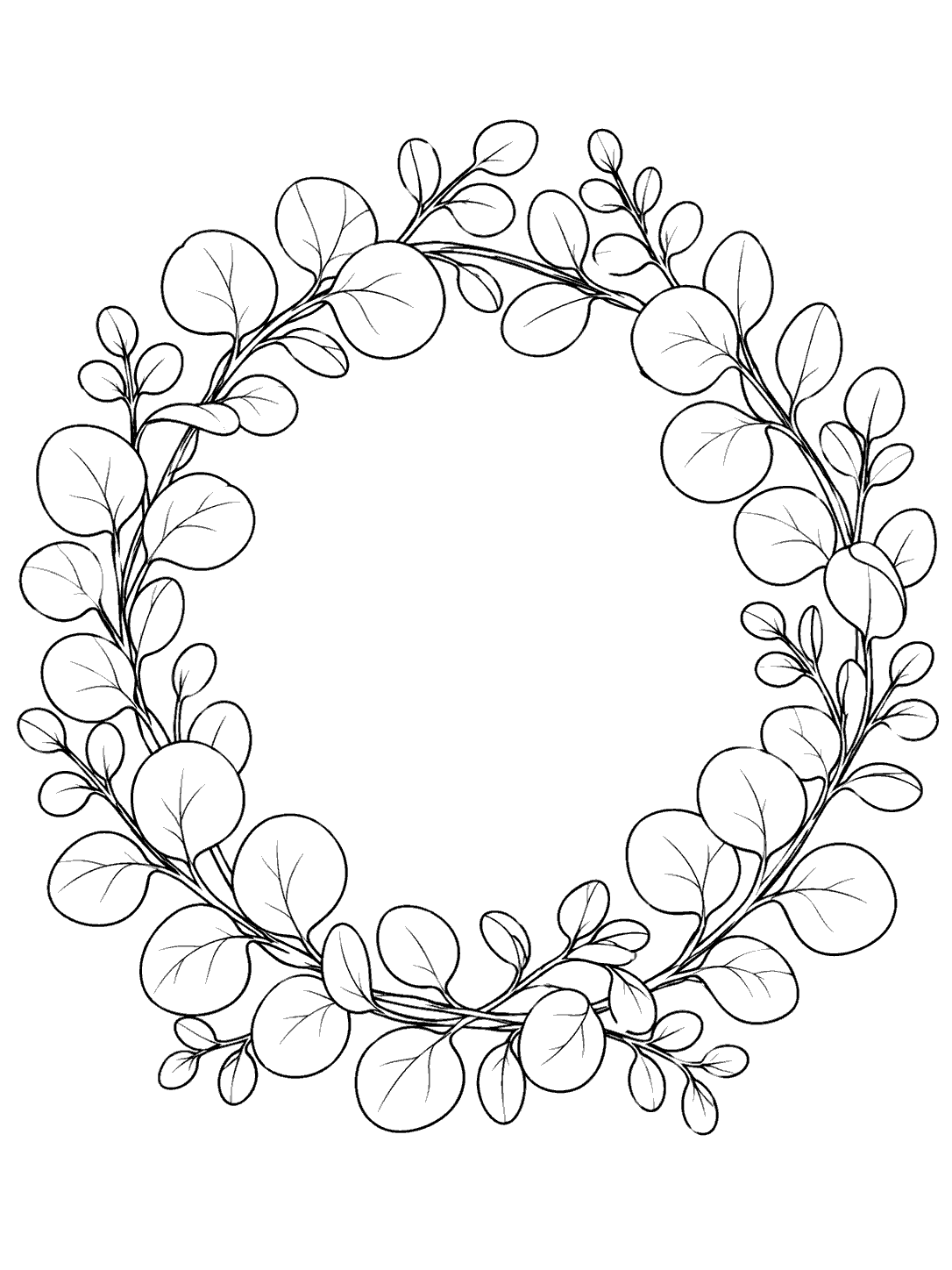 Black ink eucalyptus wreath with rounded leaves and an empty center on a white coloring page.