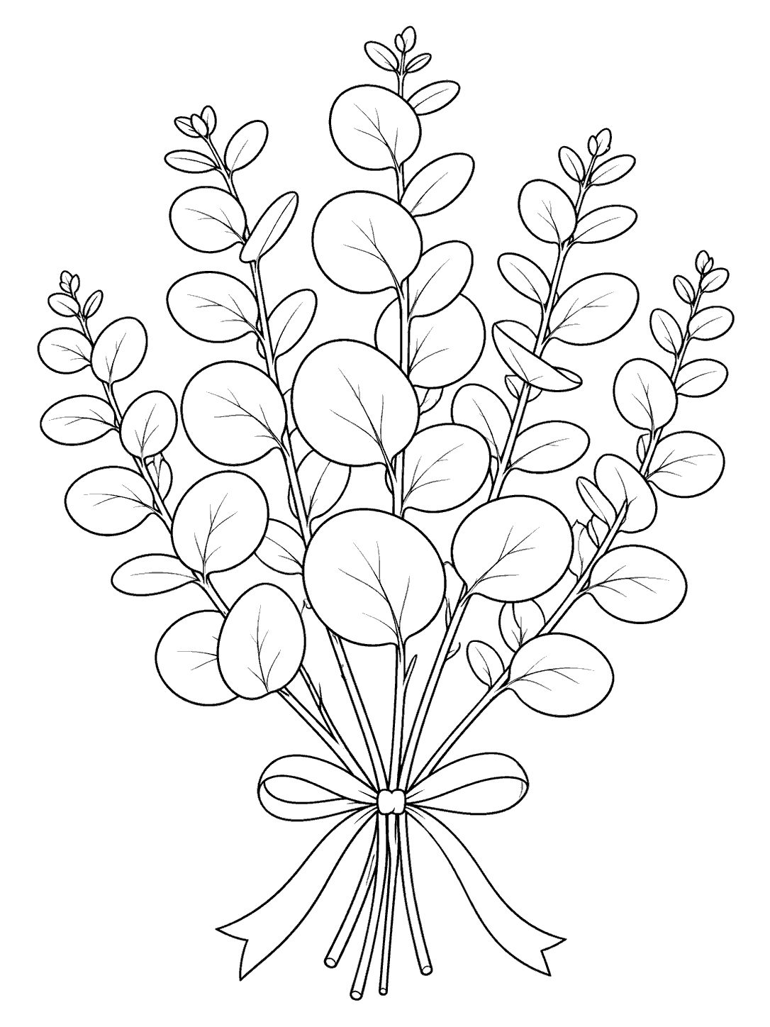 Black outline coloring page of five eucalyptus stems with rounded leaves gathered in a ribbon bow.