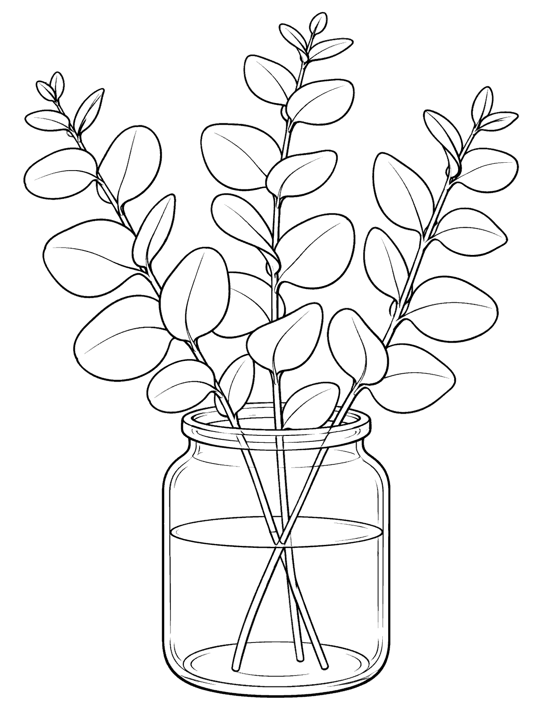 Black outline coloring page of three broad-leaf eucalyptus stems in a glass jar.