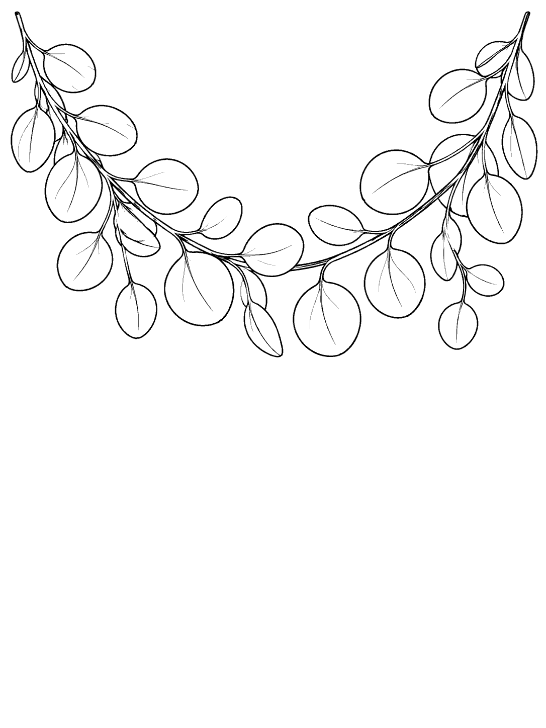 Black outline eucalyptus garland draped in a broad arc across the upper part of a white portrait page.