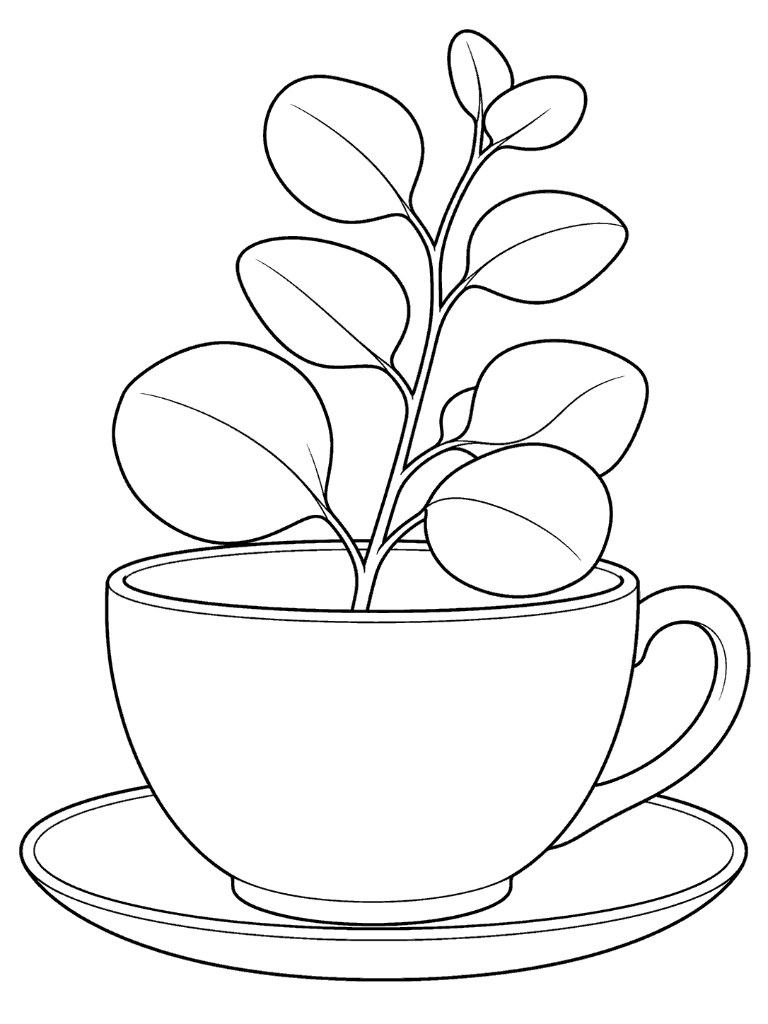 Black outline coloring page of a eucalyptus sprig in a wide teacup with a handle and saucer.