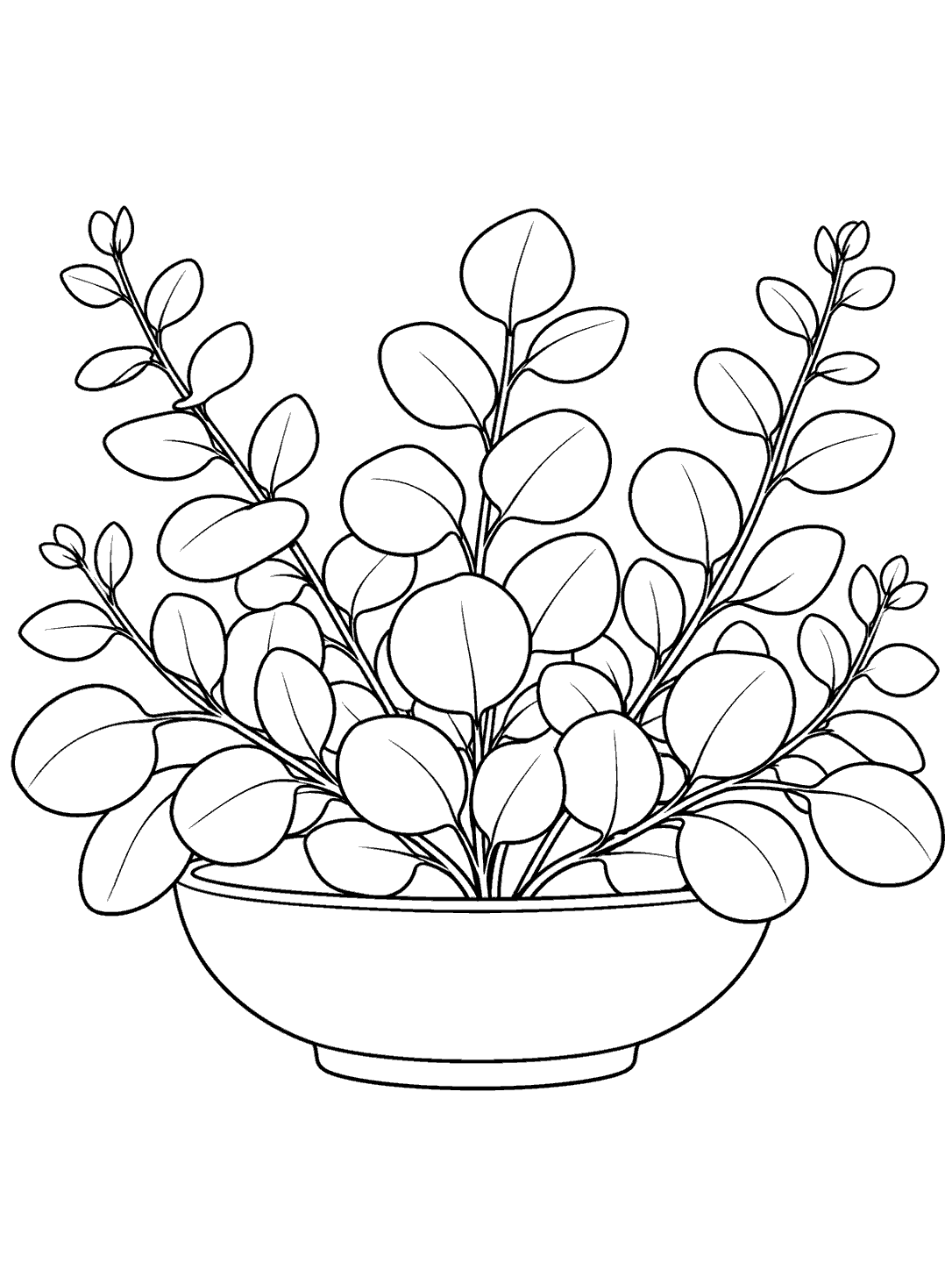 Black outline coloring page of a shallow bowl filled with spreading eucalyptus stems and rounded leaves.
