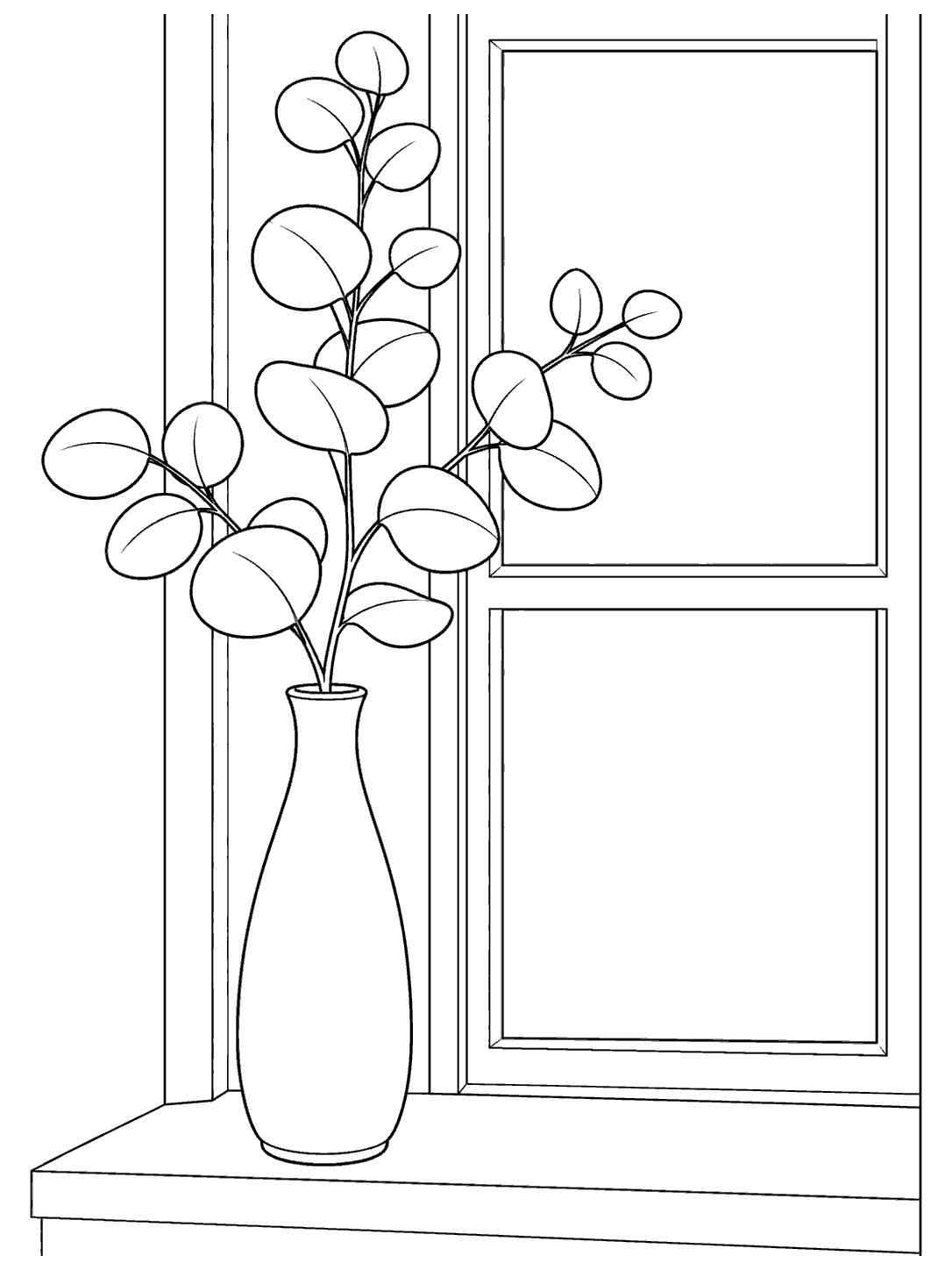 Eucalyptus branch in a tall vase beside a two-pane window coloring page
