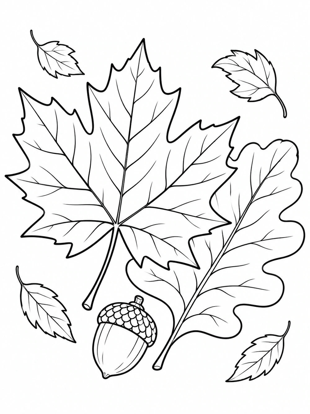 Black outlined maple and oak leaves overlap, with an acorn below and small leaves floating around them.
