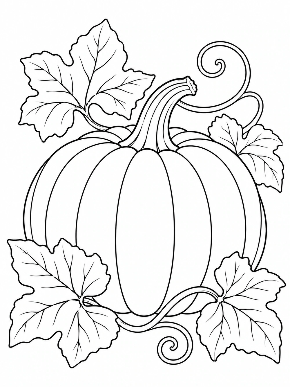 Large ribbed pumpkin with four broad leaves and curling vine tendrils in black outline.