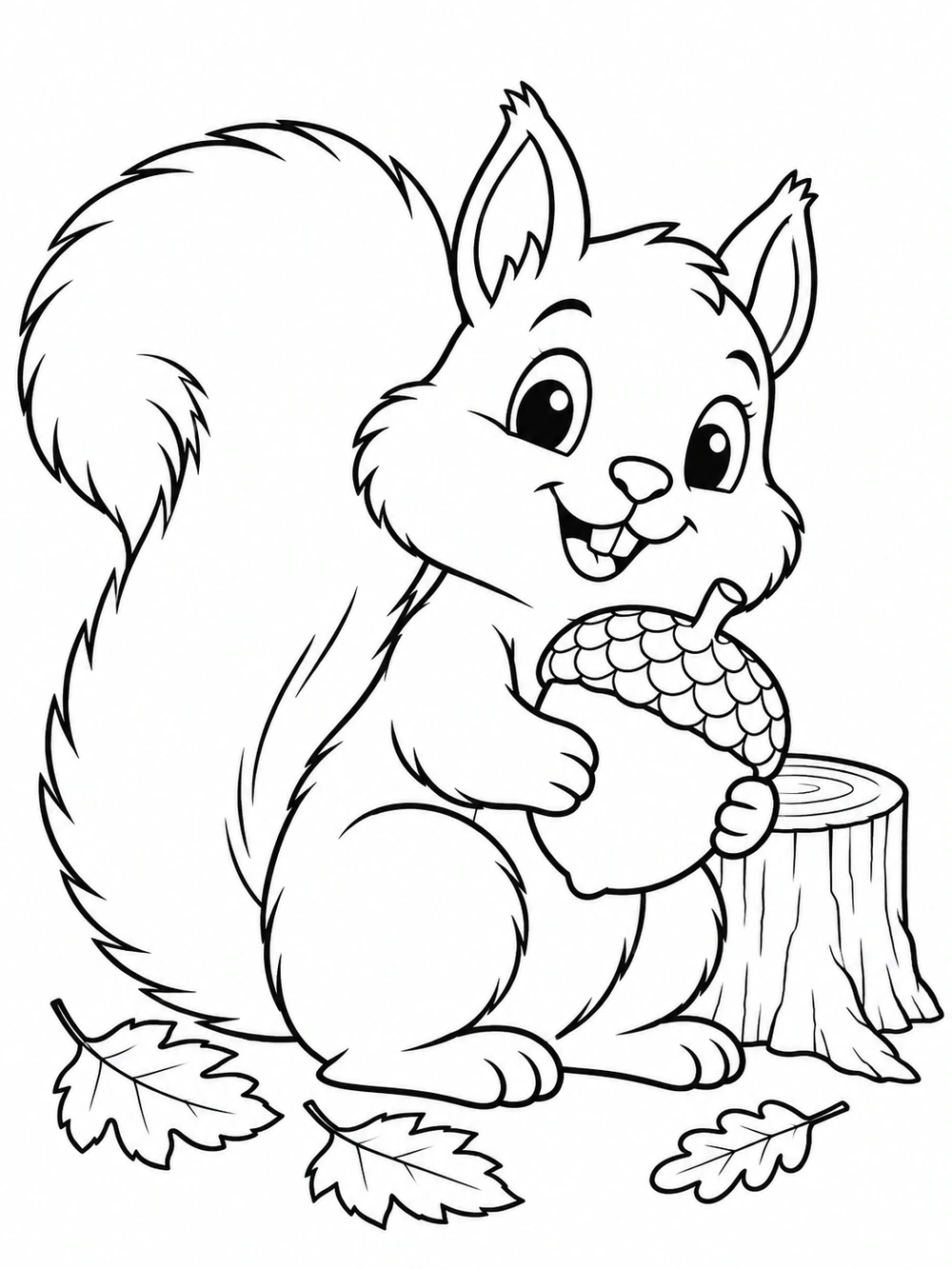 Squirrel holding an acorn beside a stump, with fallen leaves