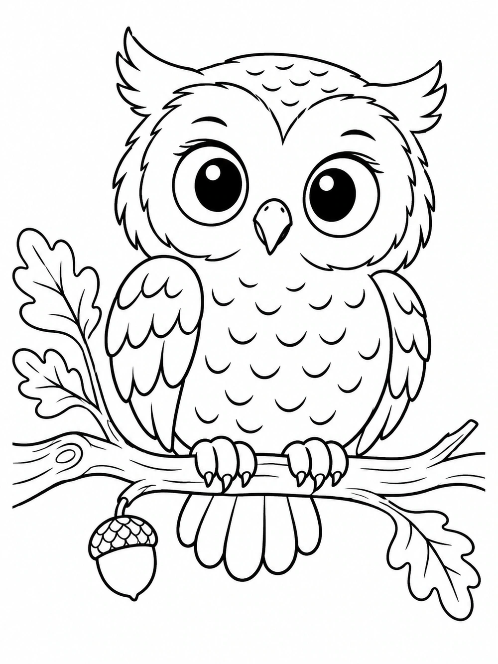 Round owl perched on a sturdy branch with two leaves and a hanging acorn