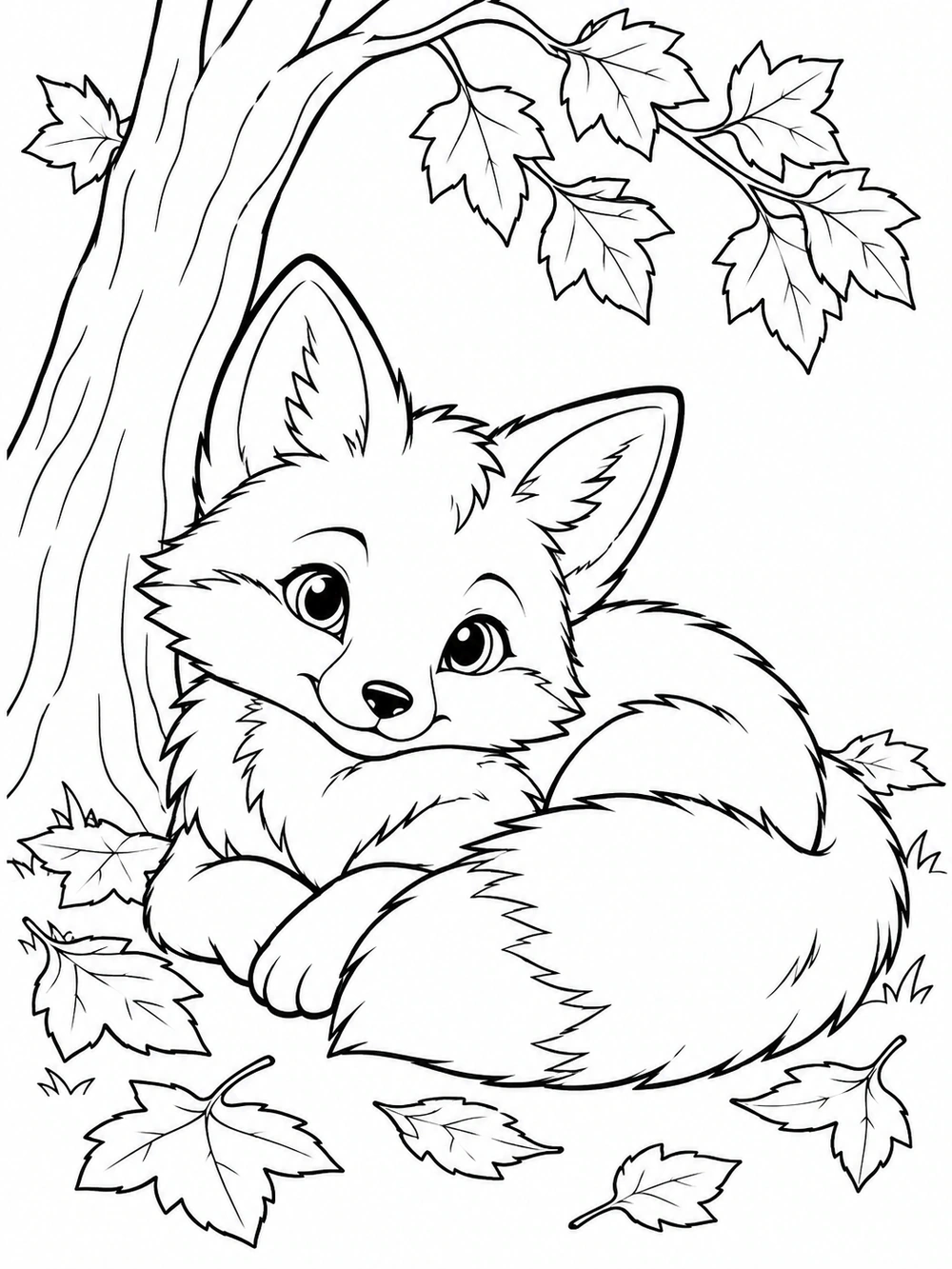 A young fox curled beneath a tree branch with leaves scattered around it.