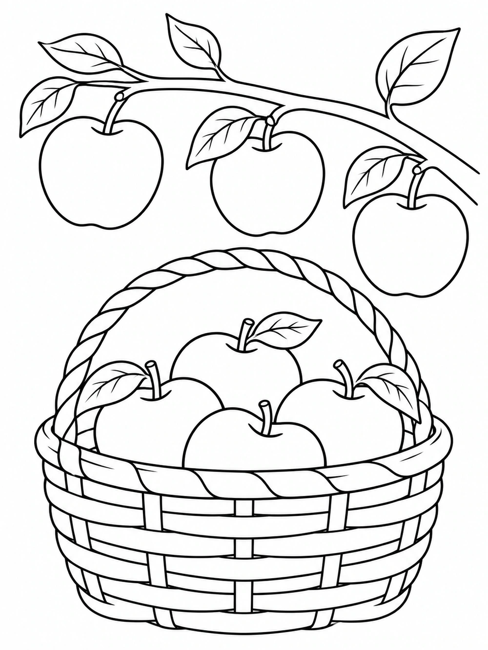 A woven basket holding four apples beneath a curved branch with three apples and leaves.