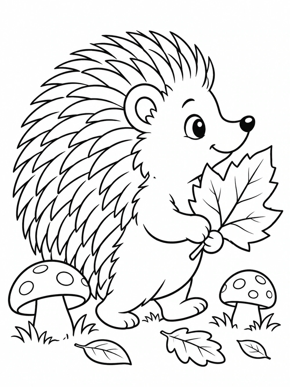 A smiling hedgehog carries a broad leaf between two spotted mushrooms, with tiny leaves and grass below.