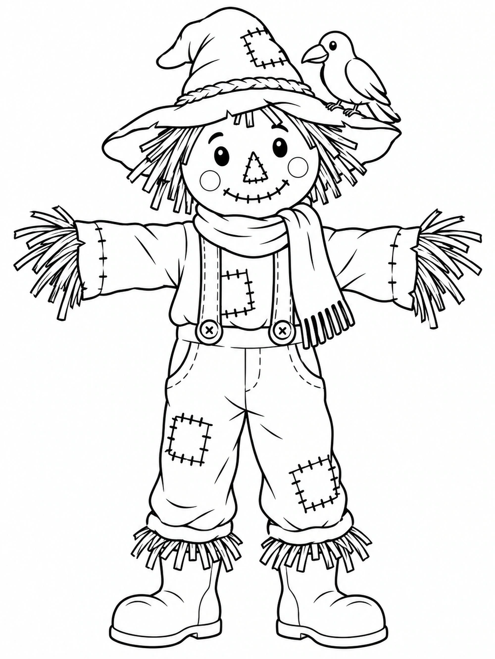 Smiling scarecrow in patched clothes, scarf, and floppy hat, with a crow perched on the brim.