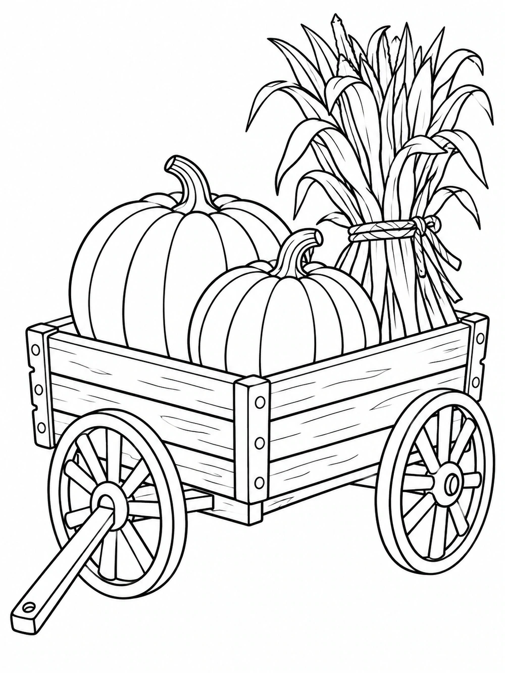 Black-and-white coloring page of a wooden wagon loaded with two pumpkins and bundled corn stalks, with both wheels visible.