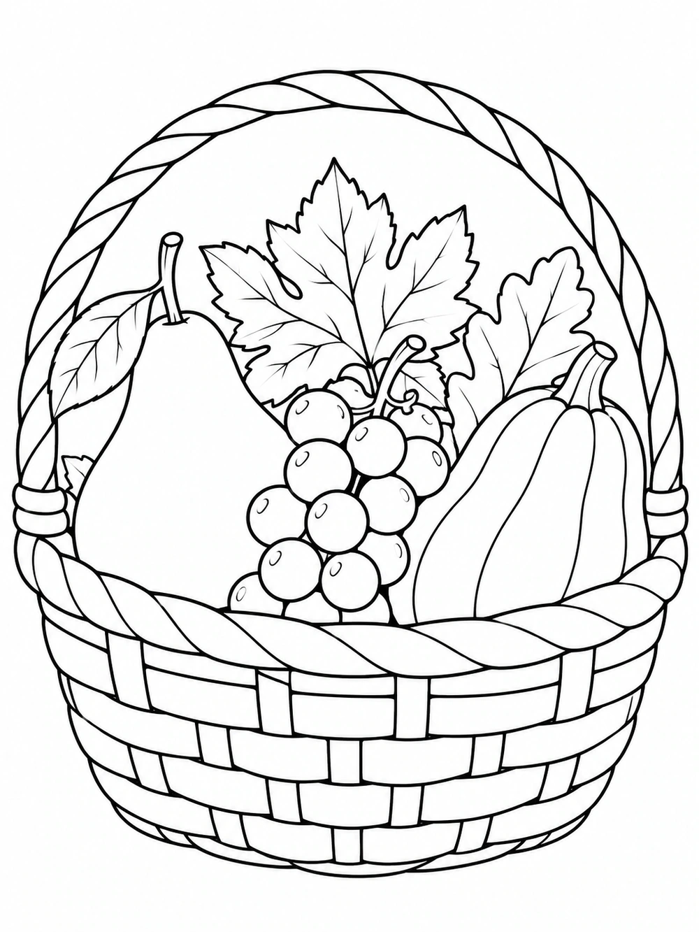 Black-and-white coloring page showing a handled woven basket filled with a pear, grapes, squash, and leaves.