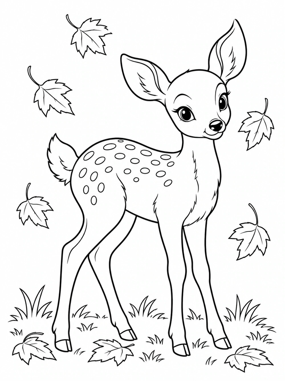 Spotted young deer standing among grass and falling leaves