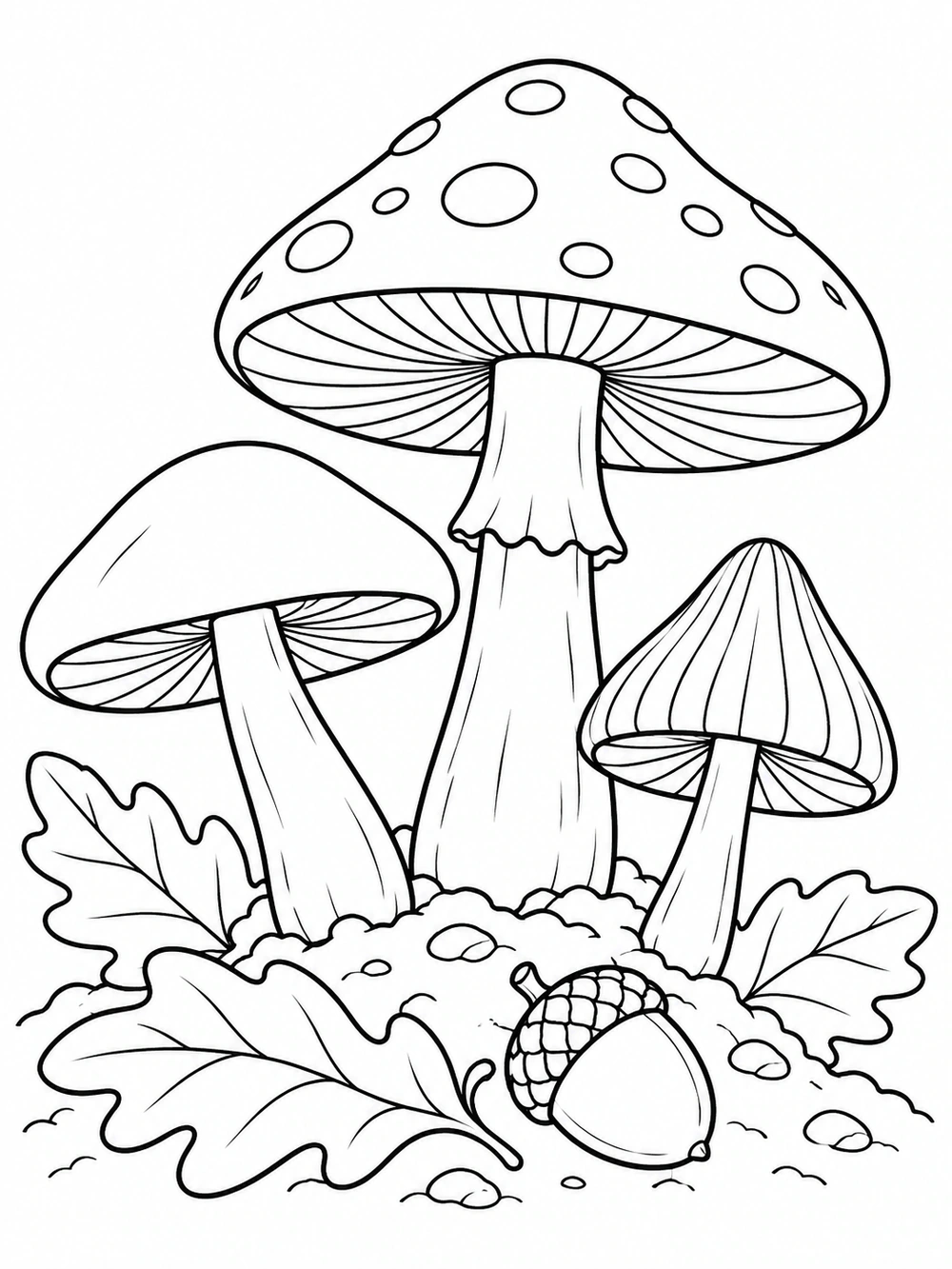 Three mushrooms of different heights and cap shapes growing among fallen leaves with an acorn.
