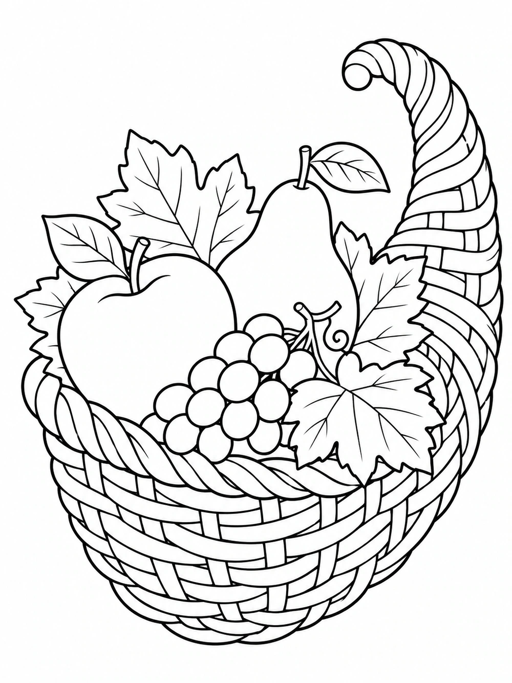 Black-and-white cornucopia coloring page with an apple, pear, grape bunch, and leaves.
