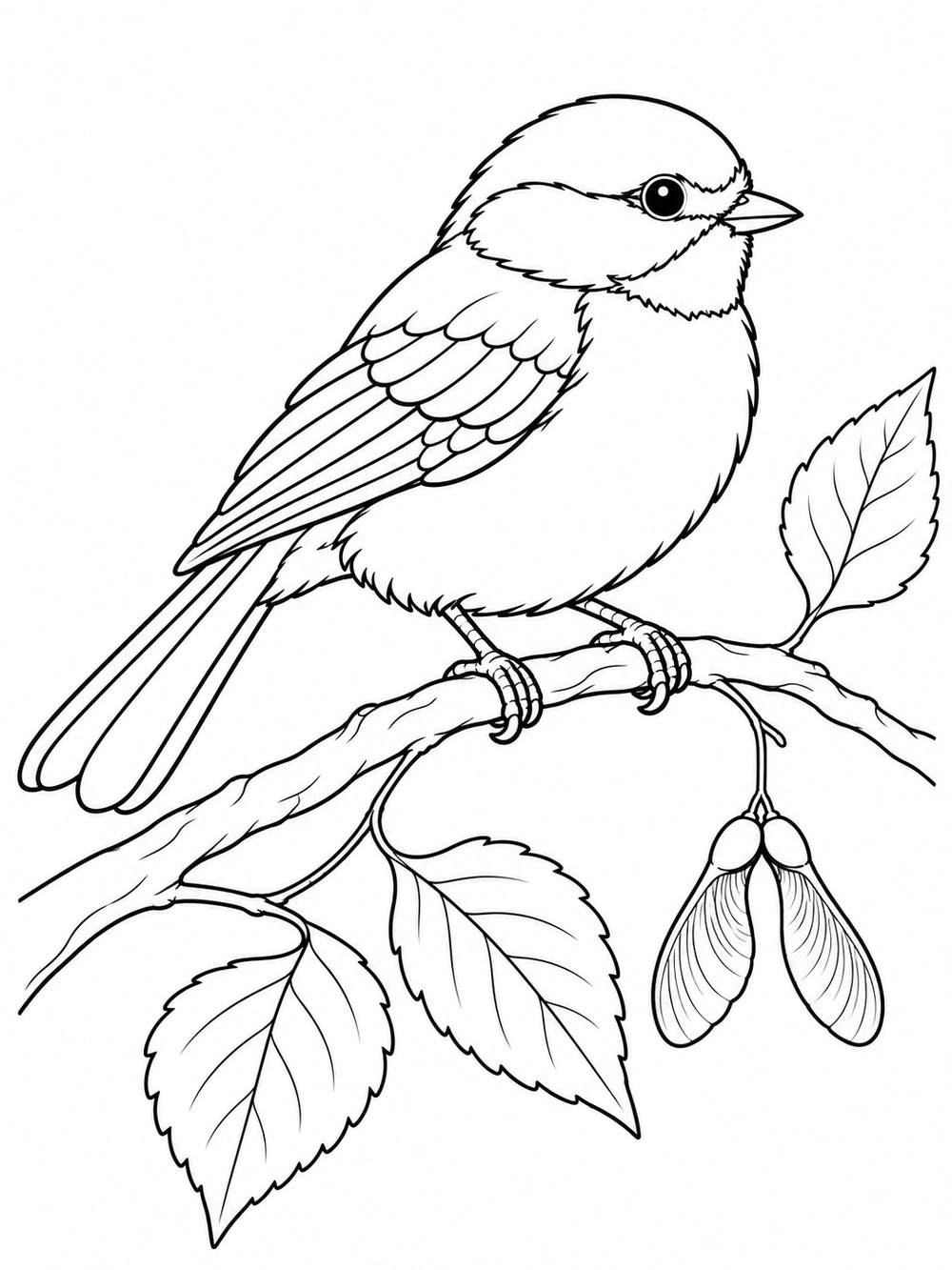 A small, round songbird perched on a curved branch with leaves and a hanging seed pod.