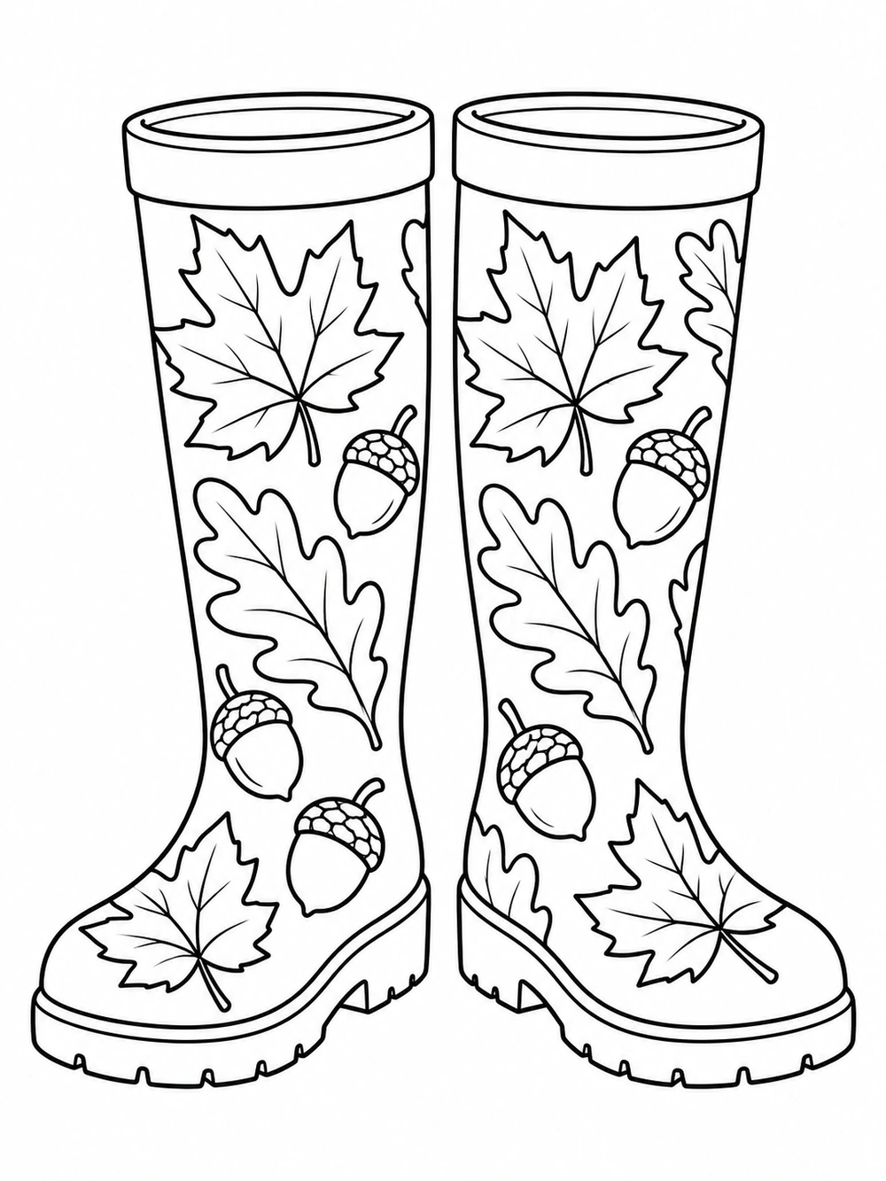 Two tall rain boots decorated with outlined leaves and acorns