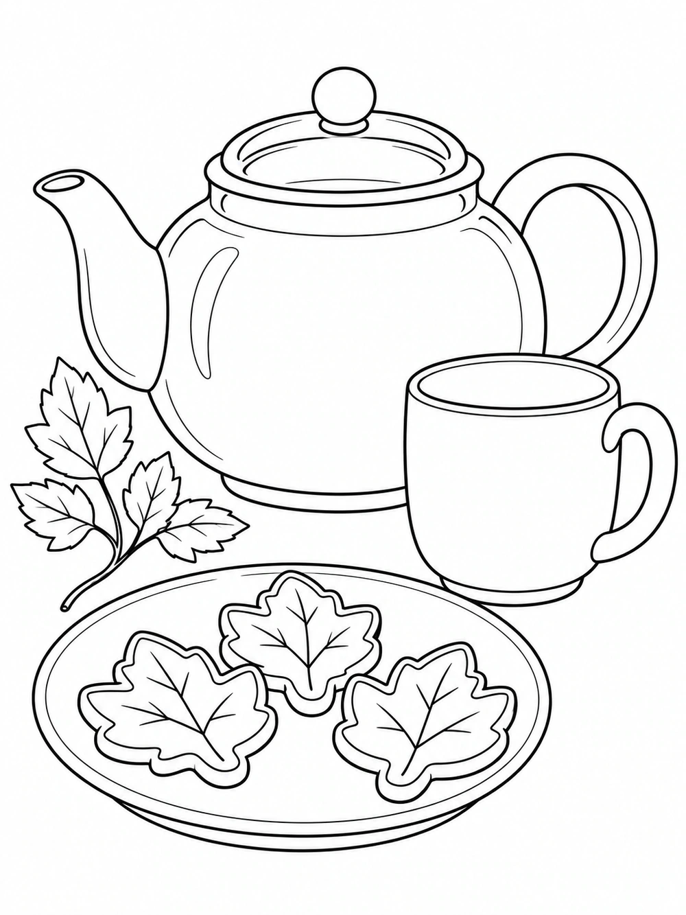 Teapot, mug, and three leaf-shaped cookies on a plate, with a small leafy sprig.