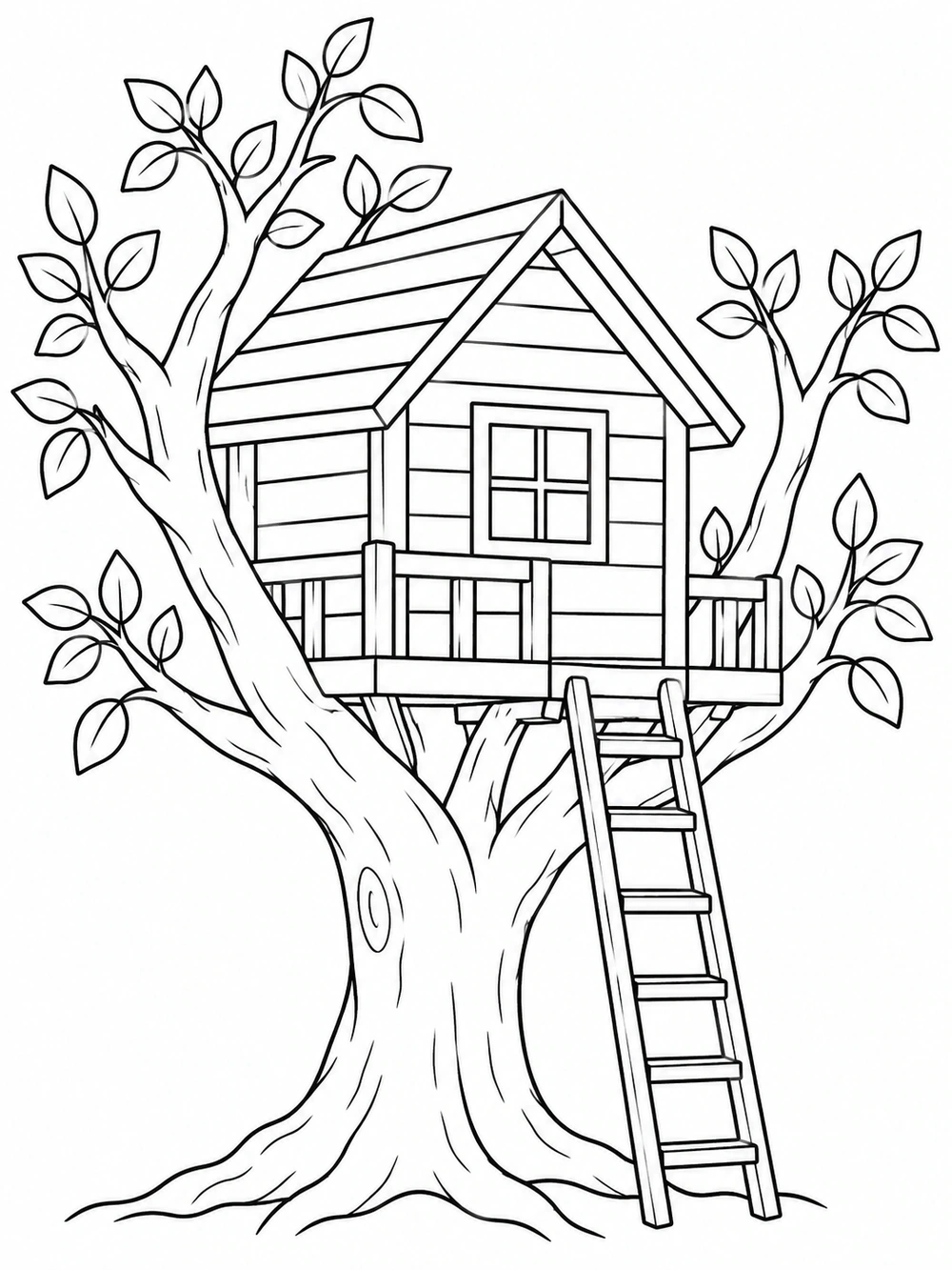 Black-and-white treehouse with a pitched roof, square window, ladder, and leafy branches.