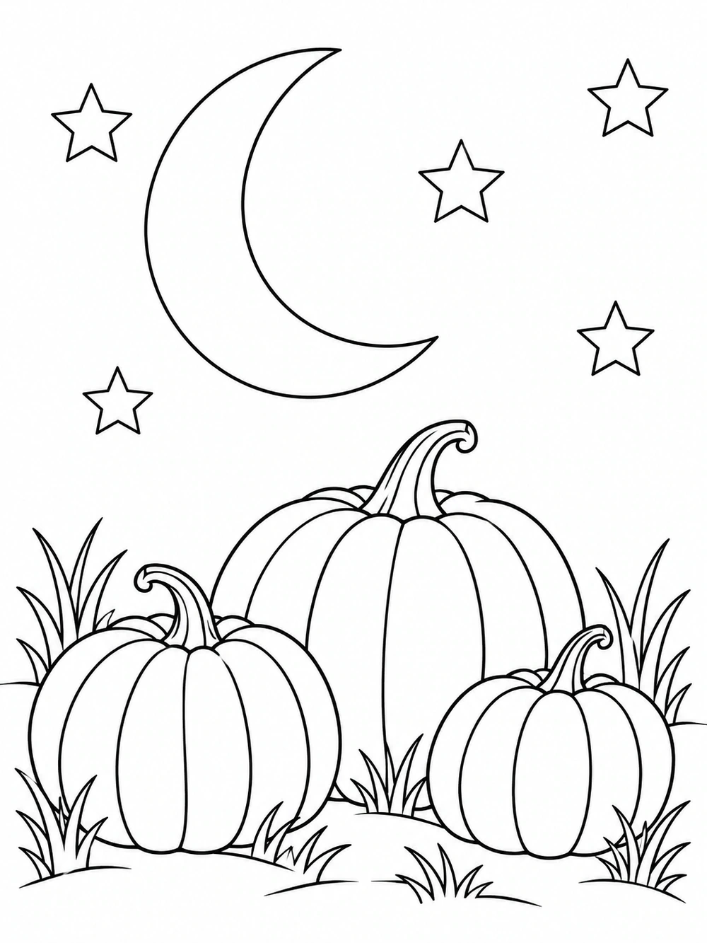 Crescent moon and outlined stars above three pumpkins and grasses in a field