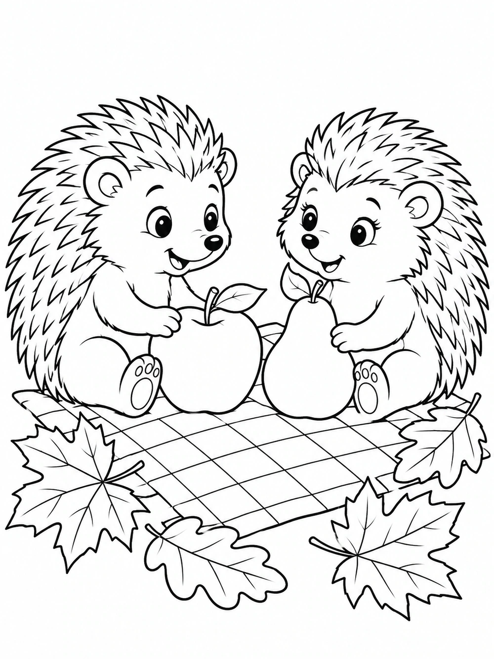 Two friendly hedgehogs sharing an apple and a pear on a checkered picnic cloth with large fallen leaves around them.
