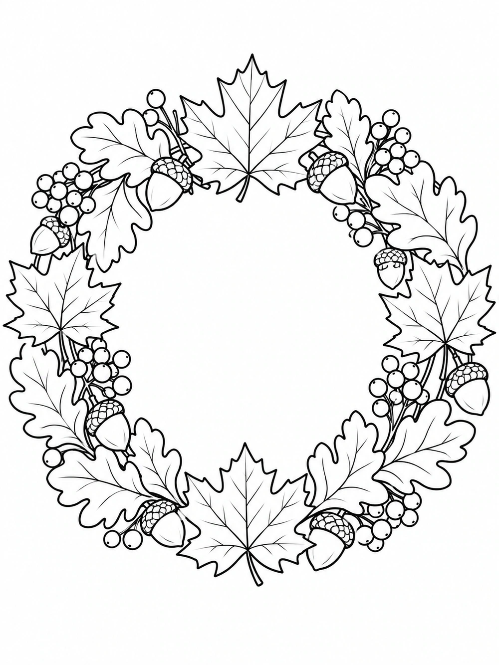 Black outline coloring page of a circular wreath made from maple leaves, oak leaves, acorns, and berry clusters, with an empty center.