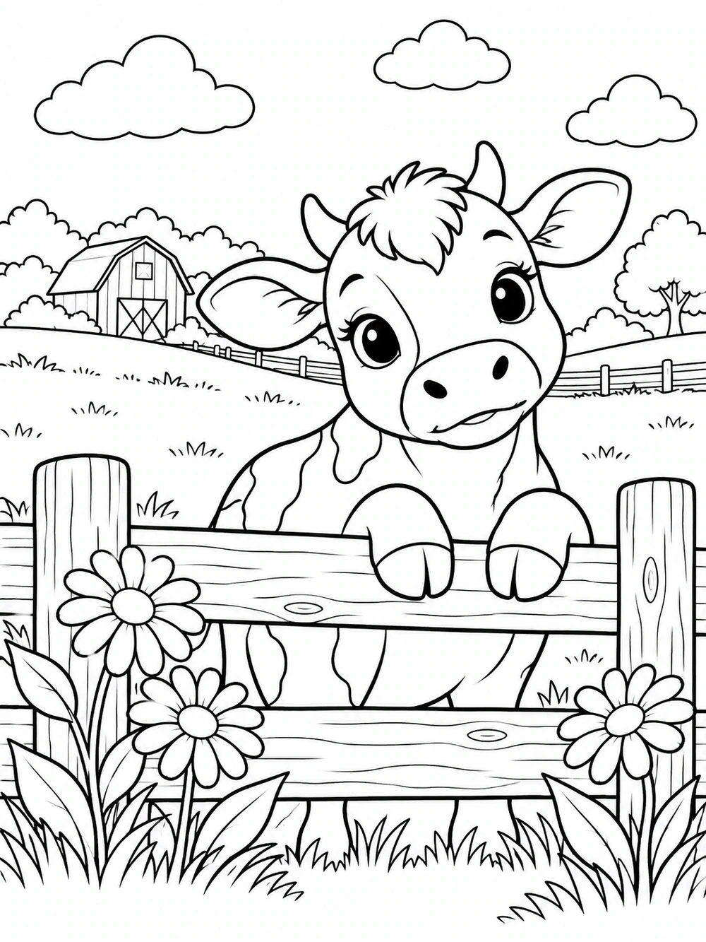 Friendly young cow peeking over a wooden fence among daisies, with a barn, clouds, and pasture in the background.