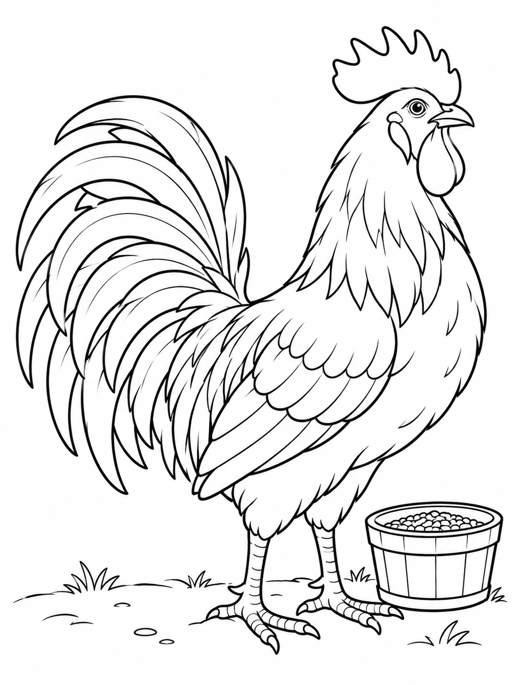 Proud rooster standing in profile beside a feed bucket on a simple barnyard ground.